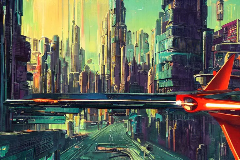 Image similar to City Scape with Flying Cars. in cyberpunk style by Vincent Di Fate