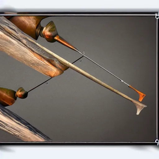 Image similar to fishing rod from a fantasy video game, white background, museum presentation