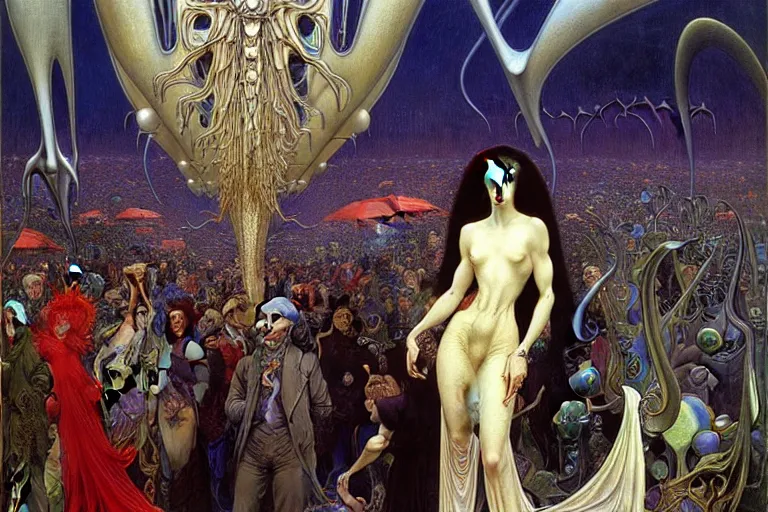 Image similar to realistic extremely detailed portrait painting of an elegant vampire in a crowded futuristic street, detailed alien crowd by Jean Delville, Amano, Yves Tanguy, Alphonse Mucha, Mark Brooks, Ernst Haeckel, Edward Robert Hughes, Roger Dean, rich moody colours, blue eyes