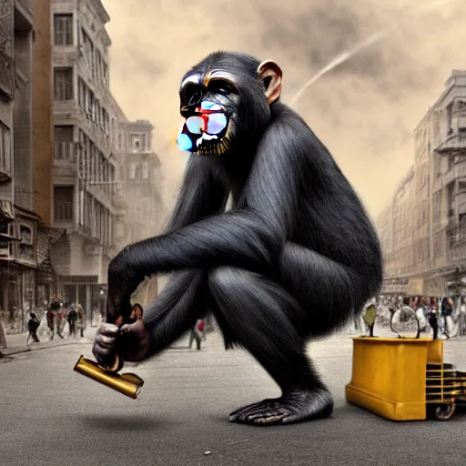 Image similar to a chimpanzee picking up pennies in a city street with a steam roller headed towards him, depth of field, fashion photoshoot by nicoletta ceccoli, mark ryden, lostfish, dan decarlo, bob clampett, max fleischer, breathtaking, detailed and intricate environment, 8 k resolution, hyperrealistic, octane render