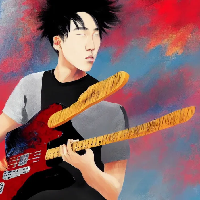 Prompt: a young korean male musician wearing black tank top holding a telecaster!!! electric guitar!! he is made of thick flowing dramatic brush strokes blowing away in strong wind, matte colors, abstract, impressionist, motion, trending on artstation