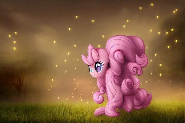 Prompt: Pinkie Pie sitting down viewed from behind gazing off into the horizon professional photography and mood lighting flowing mane and tail relaxed expression subtle fog fireflies realistic digital art 4k