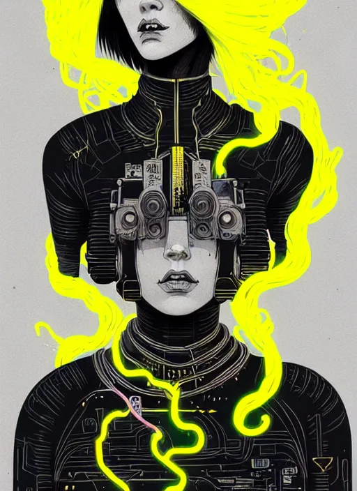 Image similar to highly detailed portrait of wasteland punk long curly bright yellow and white plasma electricity hair tribal lady, stray electric spark wiring by atey ghailan, james gilleard, by joe fenton, by greg rutkowski, by greg tocchini, by kaethe butcher, 4 k resolution, gradient yellow, black and white color scheme!!! ( ( lightning cloudy robotic dystopian city background ) )