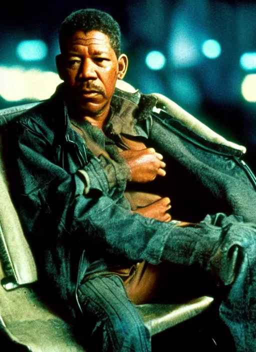 Image similar to a movie still of morgan freeman as rick deckard in blade runner