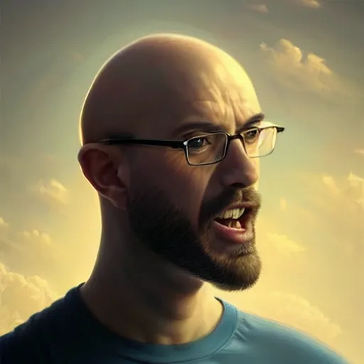 Prompt: soyboy screaming excided!!!, mouth wide open!!!, partly bald!!, square glasses!!, small beard!!, hyperrealistic, highly detailed, cinematic, volumetric sunlight, beautiful, cgssociety, artstation, 8 k, oil painting by greg rutkowski, by artgerm, by wlop