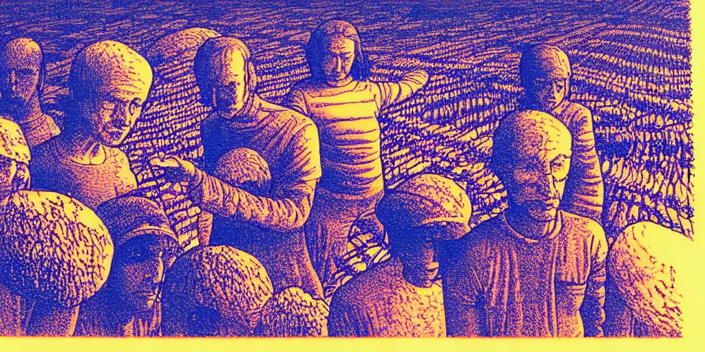 Prompt: risograph grainy painting of tomorrow harvest, i see drones, by moebius and dirk dzimirsky and satisho kon, blue hour, close - up wide portrait