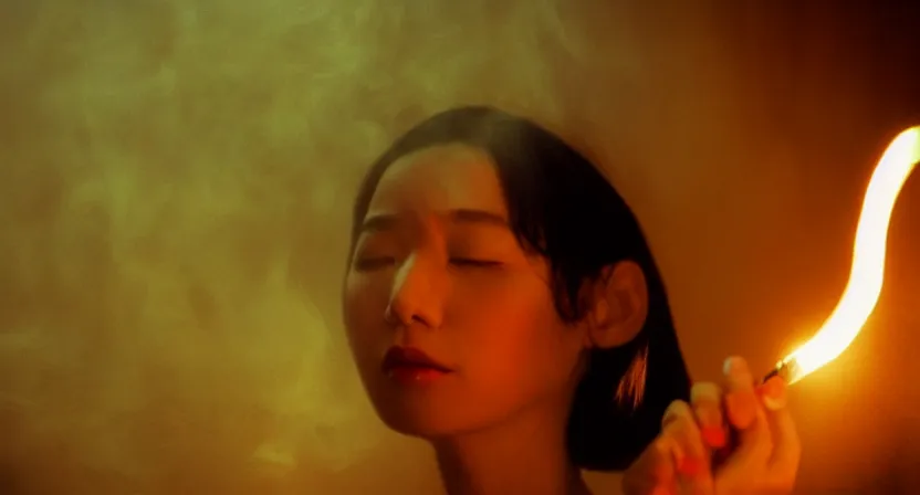 Image similar to girl smoking in a wong kar wai movie, cinematic light, atmospheric effects