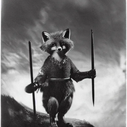 Image similar to anthropomorphic fox who is a medieval knight holding a sword towards a stormy thundercloud, 1930s film still