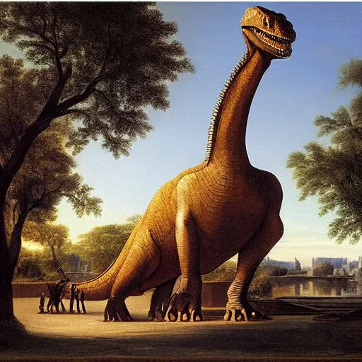 Prompt: 1750 street of Paris with Diplodocus and T-Rex, in the style of the Hudson River School