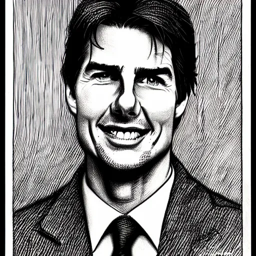 Image similar to a portrait drawing of Tom Cruise drawn by Robert Crumb