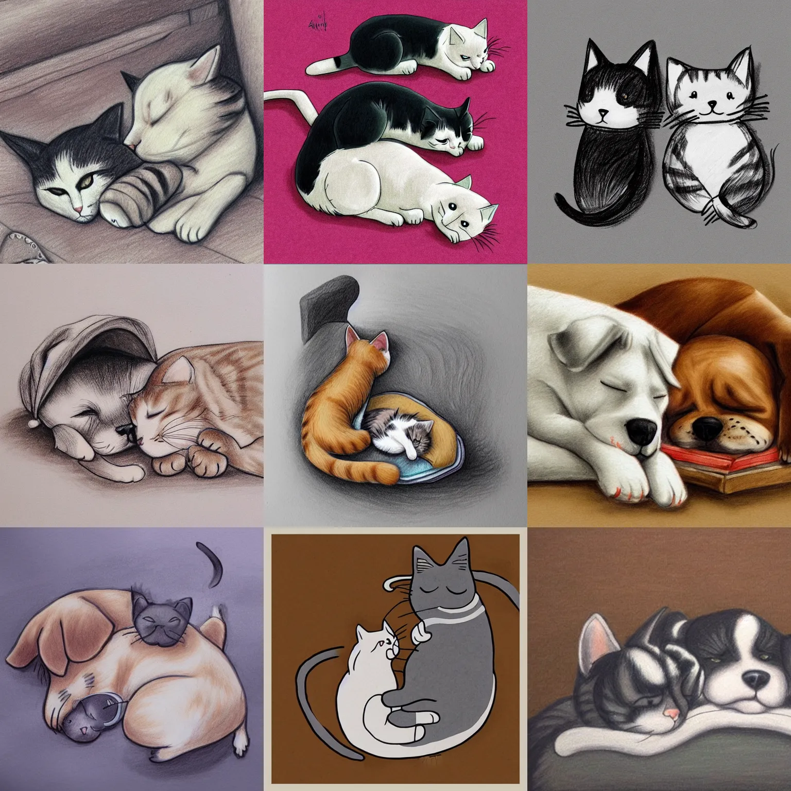 Prompt: cat and dog sleeping together, cute drawing, trending on Artstation