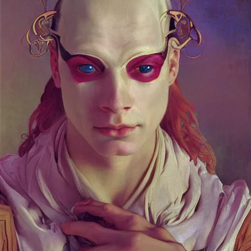 Prompt: closeup painting of uncannily beautiful androgynous albino wearing rococo byzantine clothes and face paint, science fiction by j. c. leyendecker, bosch, alphonse mucha, greg rutkowski, and beksinski