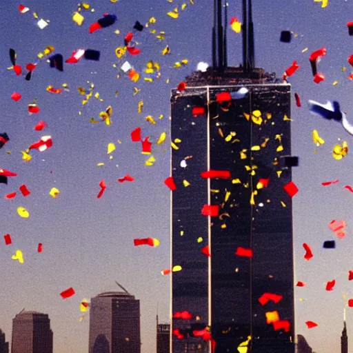 Image similar to twin towers 9/11 plane crash with confetti explosion