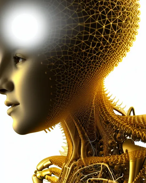 Prompt: white background, halo, dreamy foggy elegant soft luminous profile face 3 d render of a beautiful young golden biomechanical - female - cyborg with a delicate detailed gold mandelbrot fractal texture skin and a very long neck with white gothic pearl embroidered collar, white smoke atmosphere, hg giger, 8 k