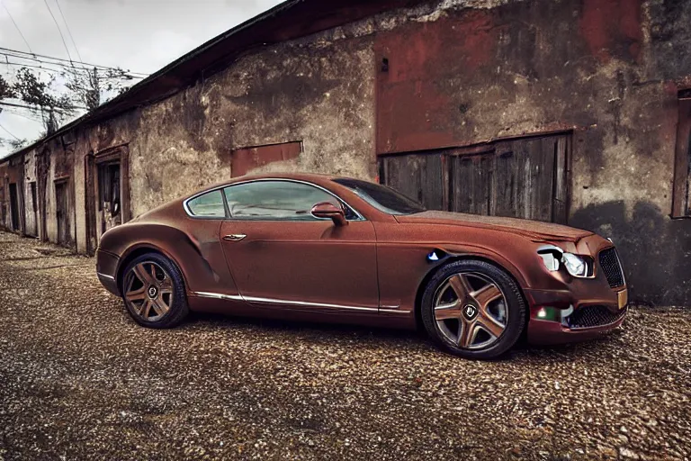 Image similar to modern rusty matte tired Bentley Continental GT without gloss no reflections drives along the road of an old Russian village with houses at the edges