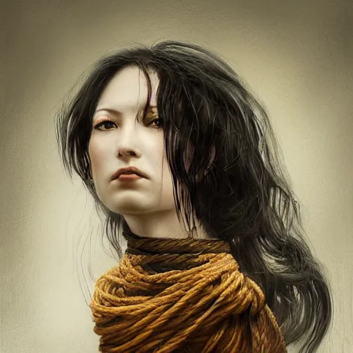 Image similar to portrait of a Shibari rope wrapped face and neck, headshot, insanely nice professional hair style, dramatic hair color, digital painting, of a old 13th century, traveler, amber jewels, baroque, ornate clothing, scifi, realistic, hyperdetailed, chiaroscuro, concept art, art by Franz Hals and Jon Foster and Ayami Kojima and Amano and Karol Bak,