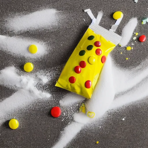 Image similar to yellow m & m holding bag of white powder