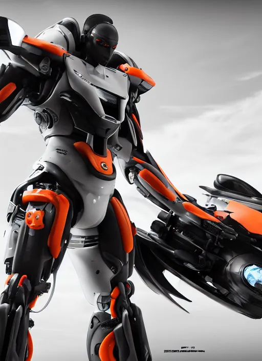 Image similar to a Photorealistic dramatic hyperrealistic full frame render of a Sleek futuristic exosuit Freedom Formula Racing Mech,Ultra realistic details,glossy white metal,Orange racing stripes,weathered surfaces,by Hidetaka Tenjin,Yoh Yoshinori,Yoji Shinkawa,Masamune Shirow,Beautiful dramatic dark moody tones and lighting,cinematic atmosphere,studio lighting,shadows,dark background, Octane render,8K