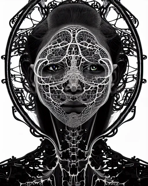 Prompt: surreal black and white photo portrait of complex biomechanical young female cyborg with a mandelbrot fractal metal lace face, silver hair, 150 mm lens, soft rim light, fine metal foliage super big lace collar, Alexander McQueen, high fashion, haute couture, rococo, steampunk, silver filigree details, anatomical, facial muscles, cable wires, microchip, elegant, hyper realistic, octane render, unreal engine, by Man Ray and Dora Maar, volumetric lighting, 8k,