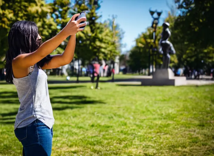 Prompt: photo still of a bronze statue of a woman using an iphone to take a selfie, in a park on a bright sunny day, 8 k 8 5 mm f 1 6