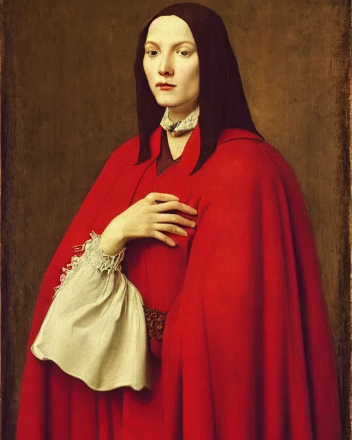 Image similar to a painting of a woman wearing a red cloak, a flemish baroque by petrus christus, unsplash, renaissance, da vinci, pre - raphaelite, studio portrait