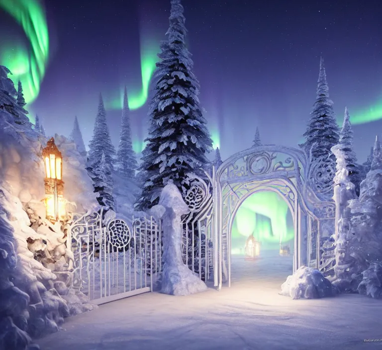 Image similar to a very detailed concept art of intricate and well designed white gates to santa's northpole, infused with aurora borealis by greg rutkowski, dynamic lighting, trending on artstation, path traced, highly detailed, high quality, digital painting,, digital art, 4 k, hyper realistic, octane render, sharp focus