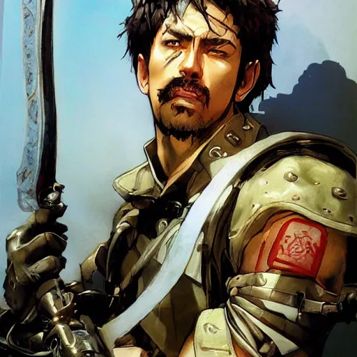 Image similar to portrait of a hero holding his sword in front of his face by yoji shinkawa, high quality, extra details, realism, ornate, colored, golden chain, blood, white skin, short hair, brown eyes, vivid, sunlight, dynamic, american man, freedom, white american soldier, painting