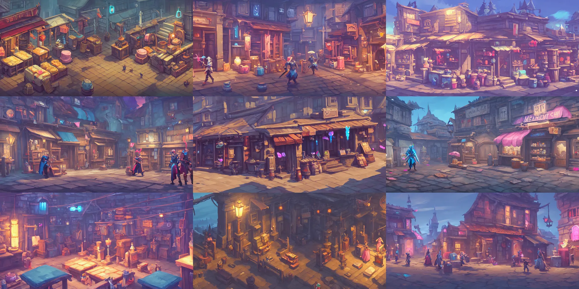 Prompt: game asset of merchant store, in gouache detailed paintings, props, stylized, 2 d sprites, kitbash, arcane, overwatch, blue and pink color scheme, 8 k, close up