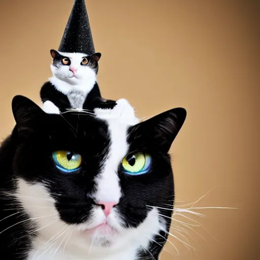 Image similar to man with the head of a tuxedo cat, wearing a party hat