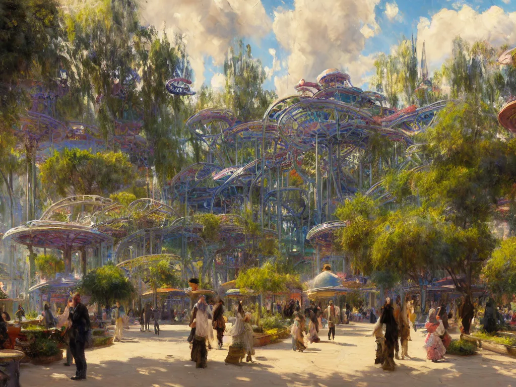 Prompt: impressionist brushstrokes!!!! solomon joseph solomon and richard schmid and jeremy lipking victorian loose genre loose painting of a busy elaborate ornate outdoor sci - fi park, cinematic, shadows, partly cloudy day, 4 k, detailed, by zaha hadid and peter jackson and ridley scott and beeple and greg rutowski