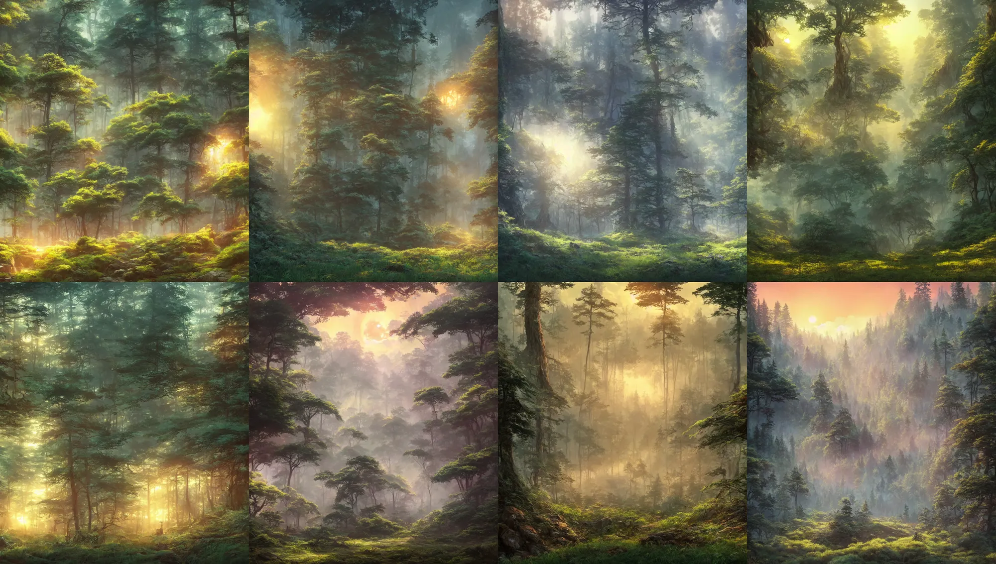 Image similar to forest clearing landscape, sunset, studio ghibli, pixar and disney animation, sharp, rendered in unreal engine 5, highly detailed, digital painting, artstation, concept art, smooth, sharp focus, illustration, wide angle, artbook, wallpaper, splash art, promo art, dramatic lighting, art by artgerm and greg rutkowski and bo chen and jin xiaodi