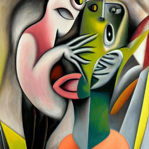 Prompt: Oil painting by Roberto Matta. Strange mechanical beings kissing. Close-up portrait by Lisa Yuskavage.