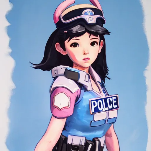 Image similar to D.VA from Overwatch wearing a police uniform by Kim Jung Gi, holding handcuffs in one hand Blizzard Concept Art Studio Ghibli. oil paint. 4k. by brom.