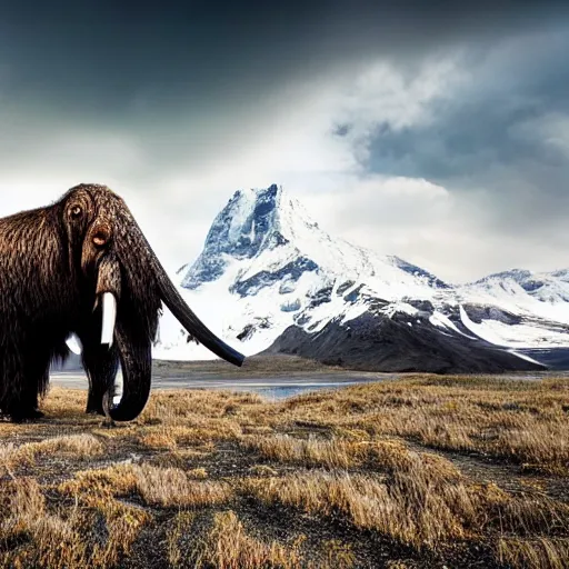 Image similar to photograph of a wooly mammoth, glacier in the background, award winning nature photography, national geographic