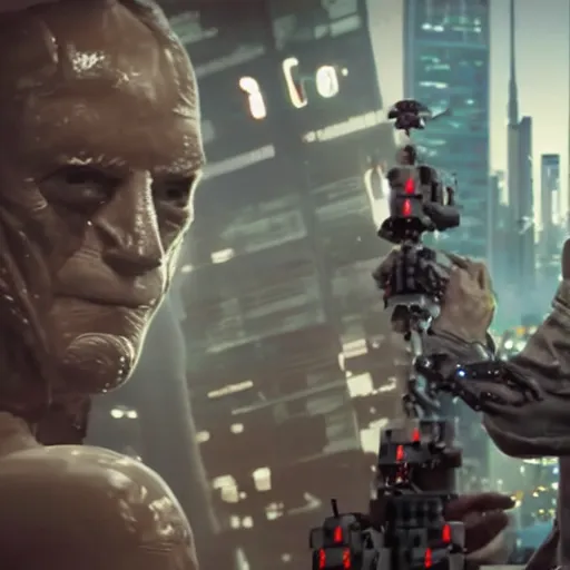 Prompt: cyberpunk buff old man fighting Deadcode humanoid robot Emmanuel Lubezki