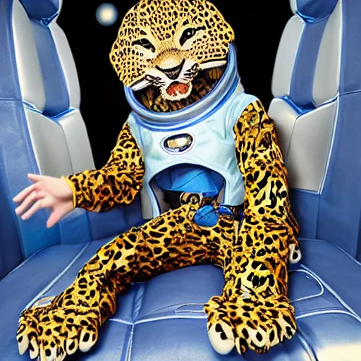 Image similar to cute teenage anthropomorphic leopard wearing a space suit