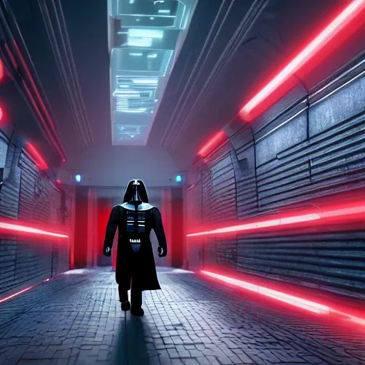 Image similar to photo of Darth vader walking in a futuristic city in a dystopian future made of electronic components and looks like a giant pcb board. Very detailed 8k. Unreal engine 5 render with nanite, global illumination and path tracing. Cinematic post processing. Emphasize on the colors black and red.
