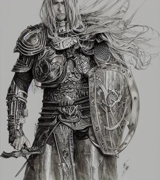 Image similar to portrait of long hair blond man in armor, pen and ink, intricate line drawings, by craig mullins, ruan jia, kentaro miura, greg rutkowski, loundraw