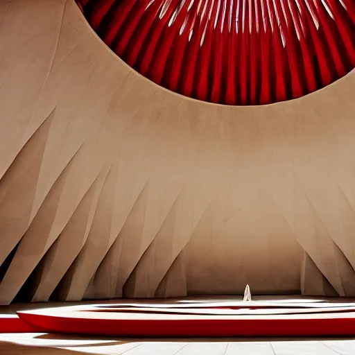 Prompt: interior of a futuristic lotus temple with gold, red and white marble panels, in the desert, by buckminster fuller and syd mead, intricate contemporary architecture, photo journalism, photography, cinematic, national geographic photoshoot