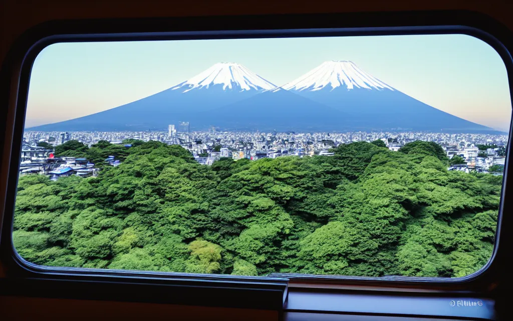 Prompt: a photo of mount fuji, among beautiful japanese landscapes, seen from a window of a train. dramatic lighting.