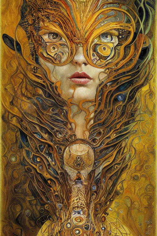 Image similar to Metamorphosis by Karol Bak, Jean Deville, Gustav Klimt, and Vincent Van Gogh, transformation portrait, chimera, visionary, cicada wings, otherworldly, fractal structures, ornate gilded medieval icon, third eye, dynamic, spirals