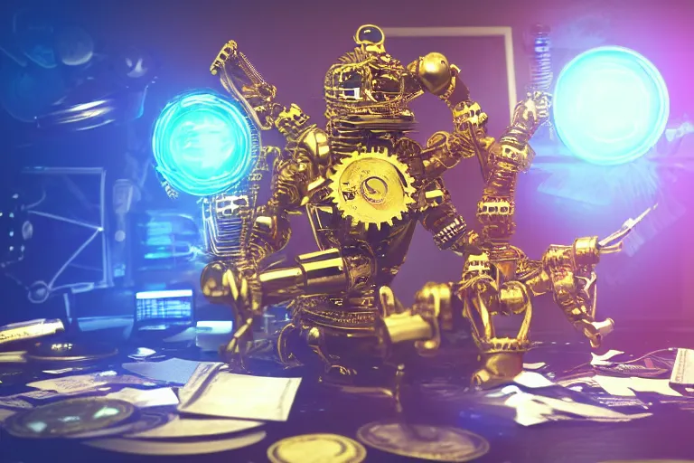 Prompt: photo of a golden and blue metal steampunk office robot with gears and tubes sitting in an office, on the office table and floor is a mountain of money bills, eyes are glowing red lightbulbs, moneybills all over the place, shiny crisp finish, 3 d render, 8 k, insaneley detailed, fluorescent colors, background is multicolored lasershow