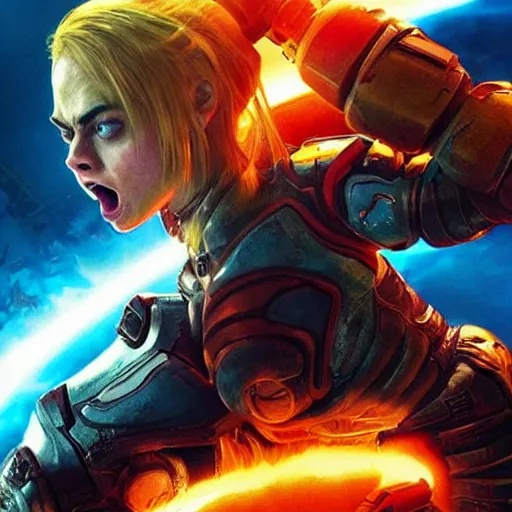 Image similar to movie poster of Cara delevingne as Orange Samus Aran , angry face, screaming, Gears of War cover art, ultra wide lens shot,cinematic lighting, art by Artgerm and Greg Rutkowski and Alphonse Mucha