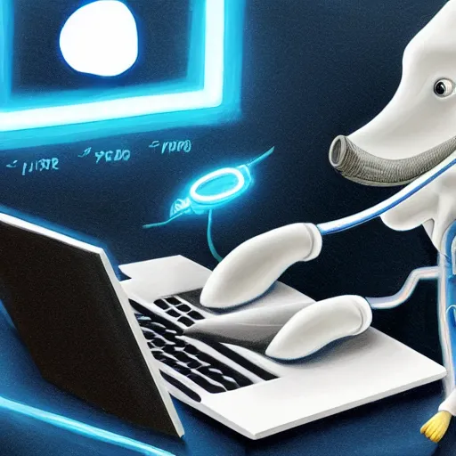 Image similar to An anthropomorphic grey dolphin wearing a white lab-coat and playing games on a computer, digital painting, close-up, wearing a headset