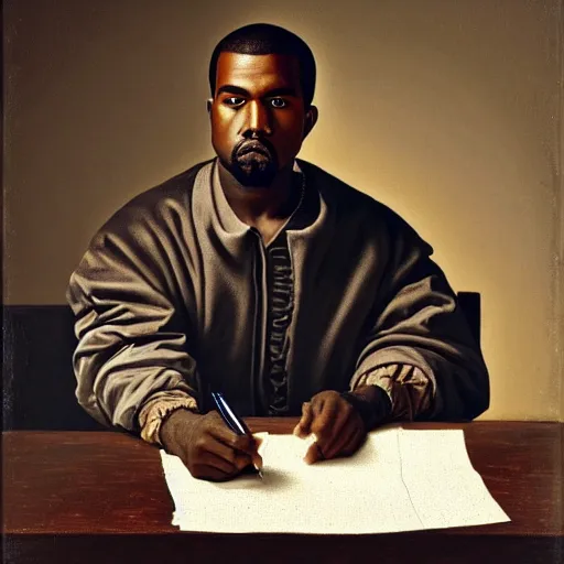 Prompt: realist close up portrait of kanye west filling in divorce papers, 1 7 th century clothing, oil on canvas, aged, focused, sharp, detailed, 8 k by joseph ducreux