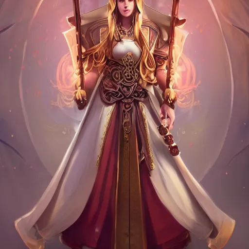 Prompt: Full-body picture of pretty young priestess, White and gold robes, red waist-long hair, mace and shield, visible beautiful face, dungeon and dragons, high fantasy, holy vibes, ornamental, symmetry, artstationHD, artstationHQ, trending in artstation, safebooru, ultra HD