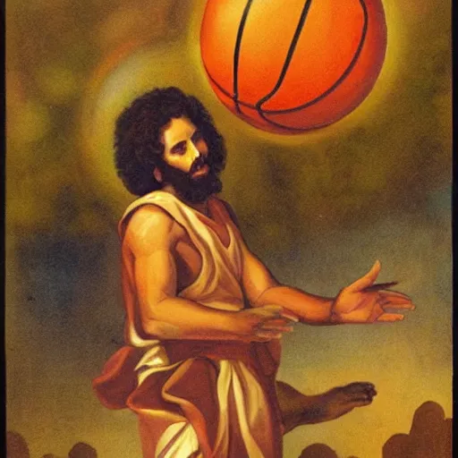 Prompt: Jesus playing basketball with Satan
