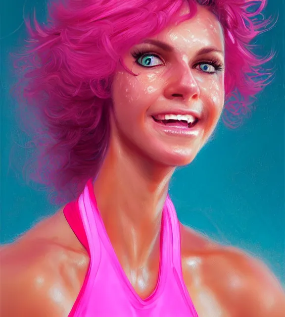 Prompt: female jazzercise instructor, perfect face, 1 9 8 0 s hairsprayed hair, hot pink halter top, flowing hair, fit, cinematic, blush, stunning, agile, highly detailed, digital painting, artstation, smooth, hard focus, illustration, art by jessica rossier and and brian froud