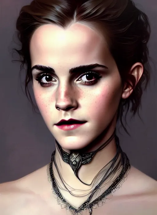 Prompt: portrait of emma watson as a vampire queen, jewelry, greek, black, intricate, headshot, highly detailed, digital painting, artstation, concept art, sharp focus, cinematic lighting, illustration, art by artgerm and greg rutkowski, alphonse mucha, cgsociety