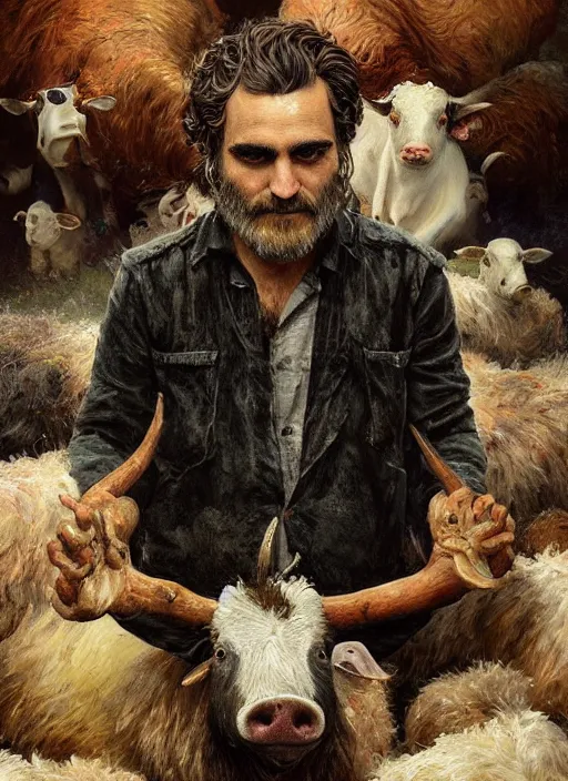 Prompt: a hyper detailed painting of joaquin phoenix surrounded by animals, cow, pig, sheep, chicken, horror, by anna podedworna, by miklos ligeti, by diego maricato, by taran fiddler, by antonino truisi, by chris reddie, by jinsung lim, trending on artstation